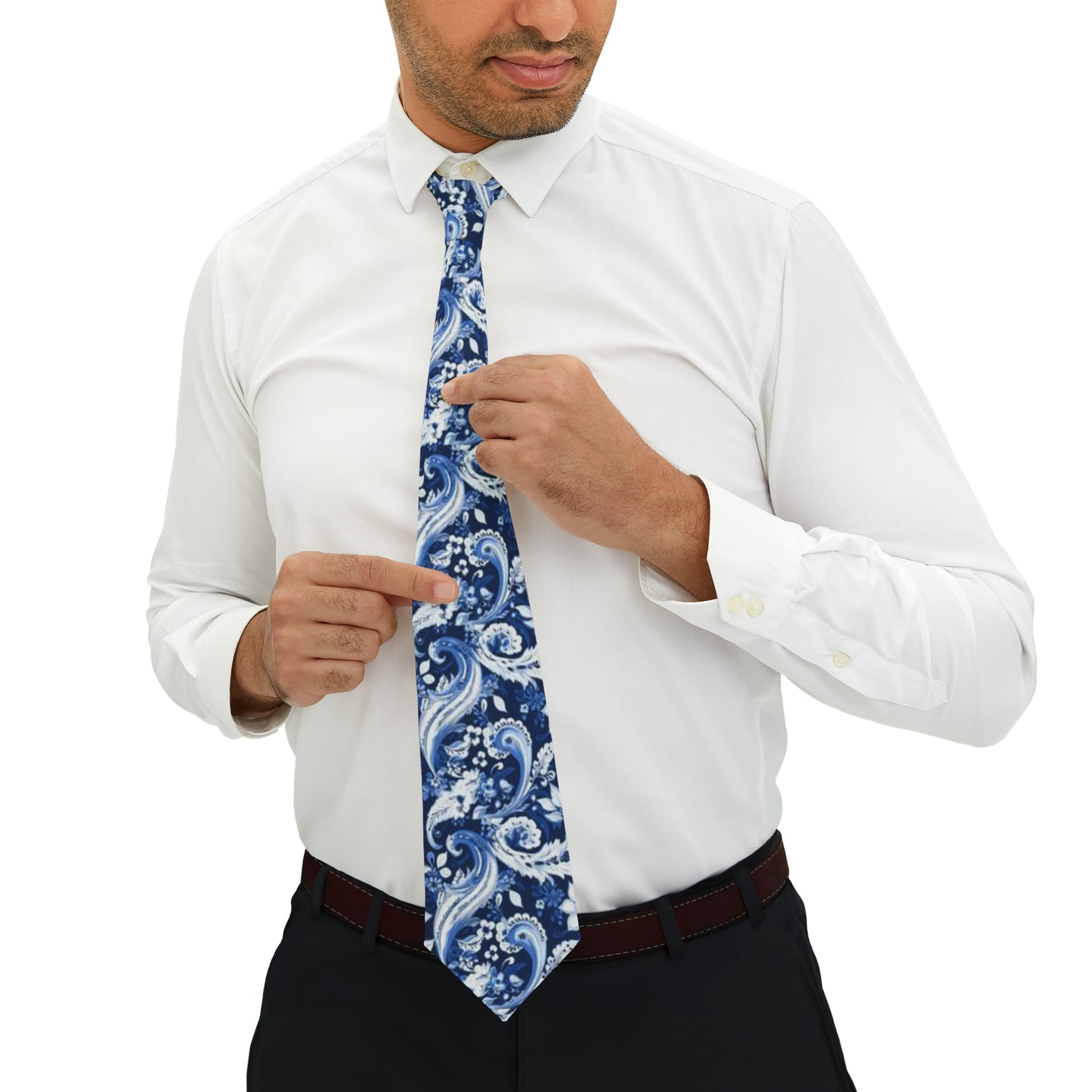 Blue & White Paisley Print Men's Tie, Blue Bandana Print Mens Fashion