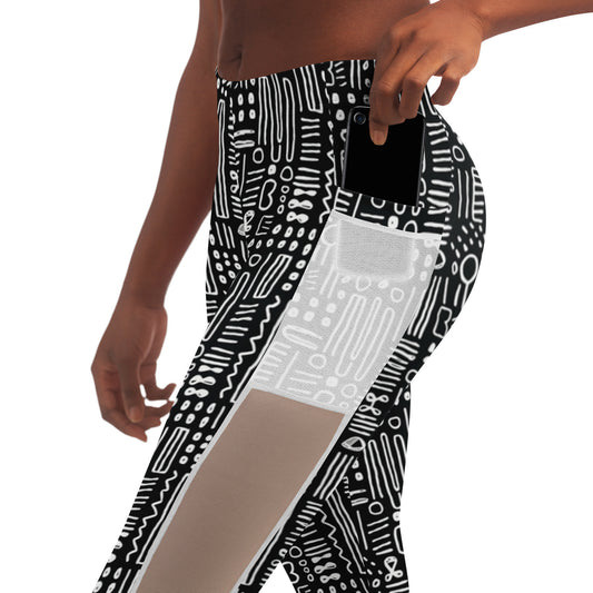 Black & WhiteAfrican MudCloth Print Mesh Women's Leggings, Women's Work Out Wear