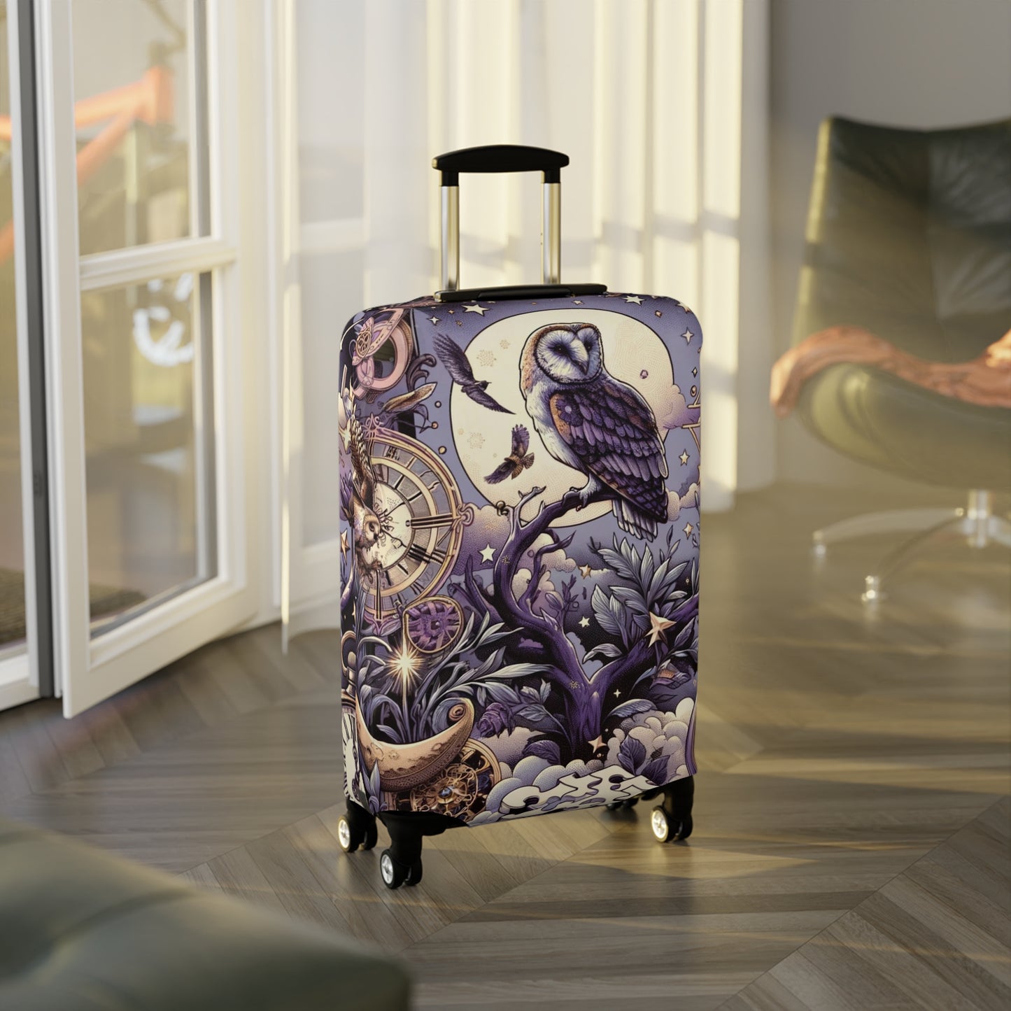 Enchanted Owl and Celestial Bodies Suitcase Cover, Magical Themed Luggage Protector