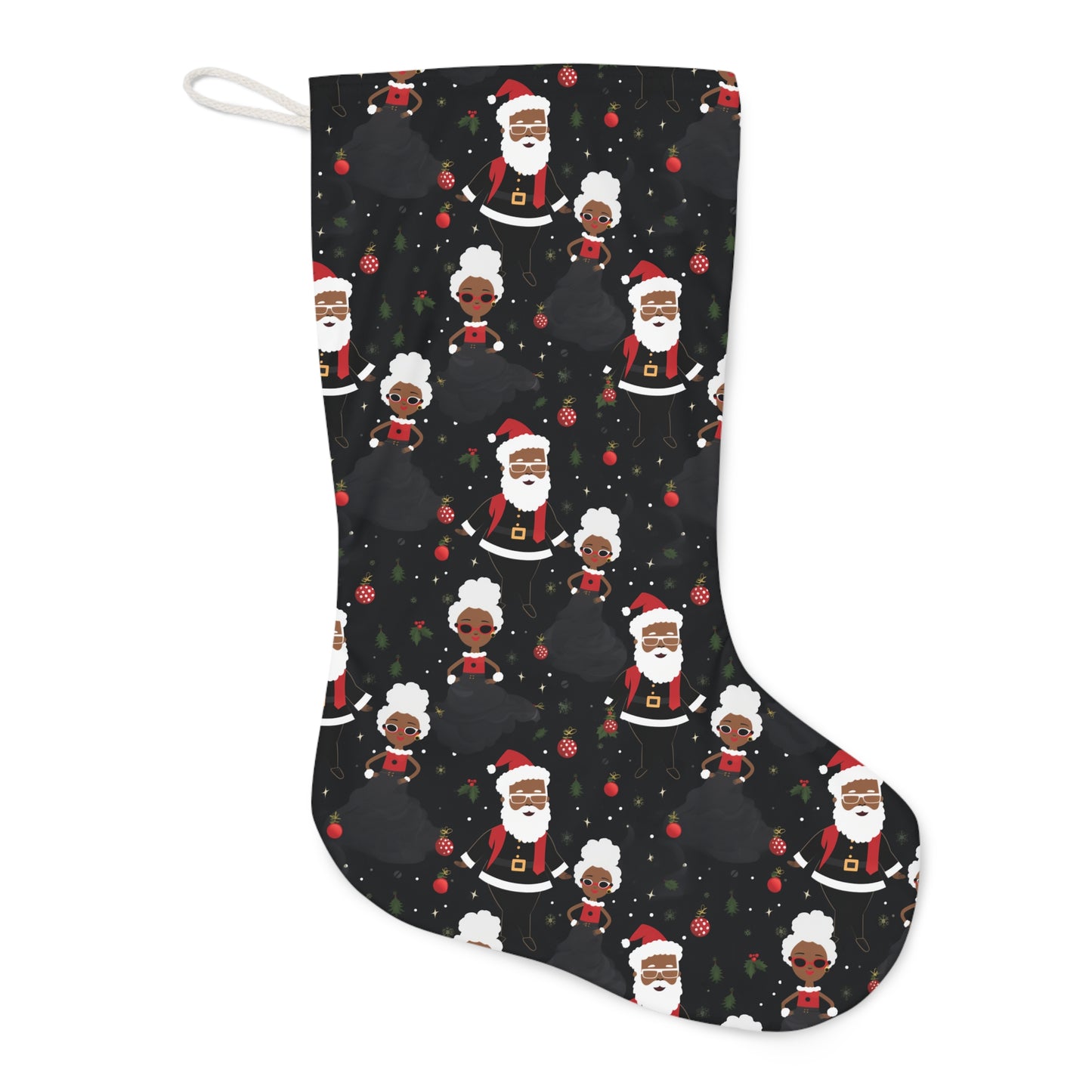 Black Santa & Mrs Claus Print Holiday Stocking, African American Santa