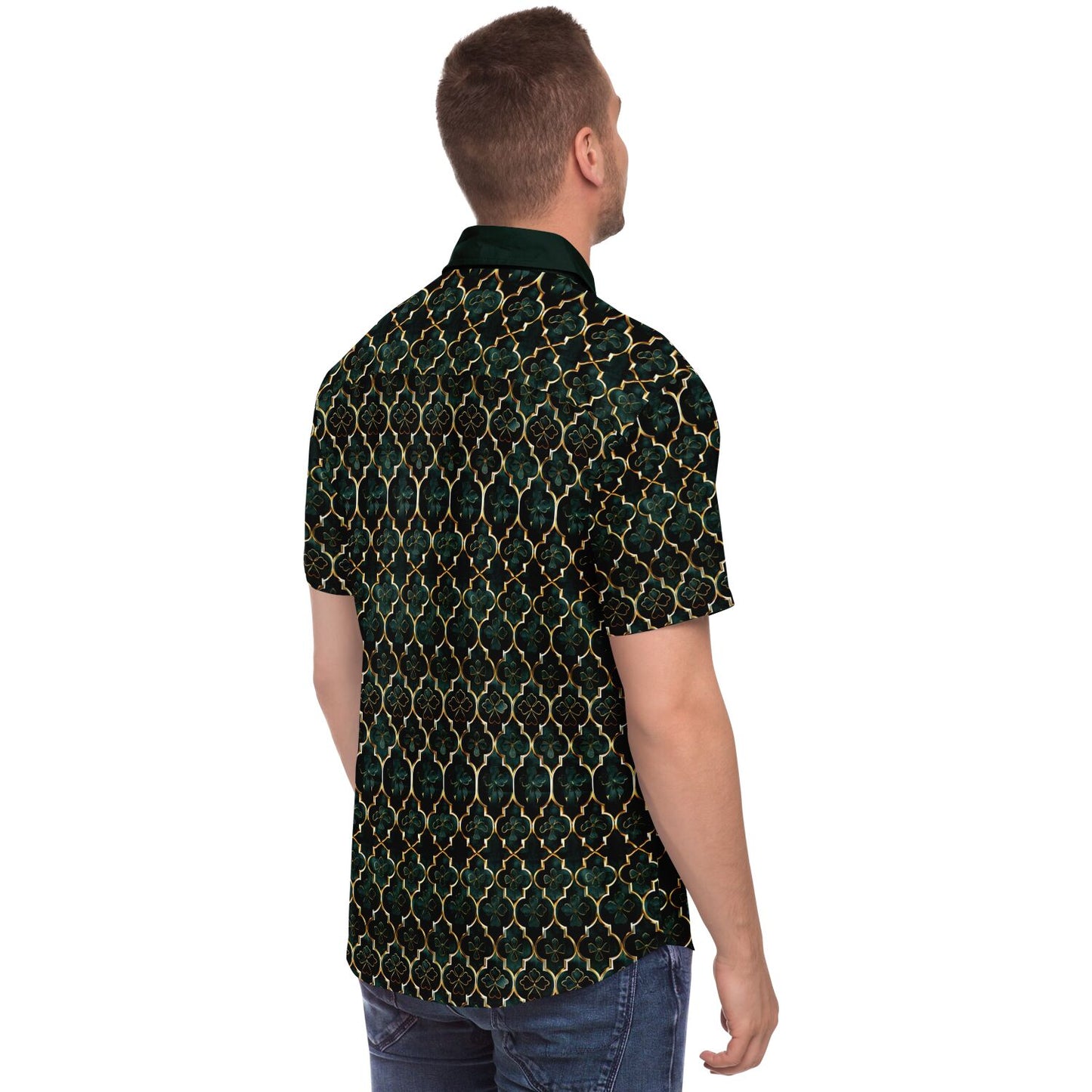 Emerald Elegance: Clover Mosaic Short Sleeve Button Down Shirt, Irish Themed Mens Patterned Dress Shirt