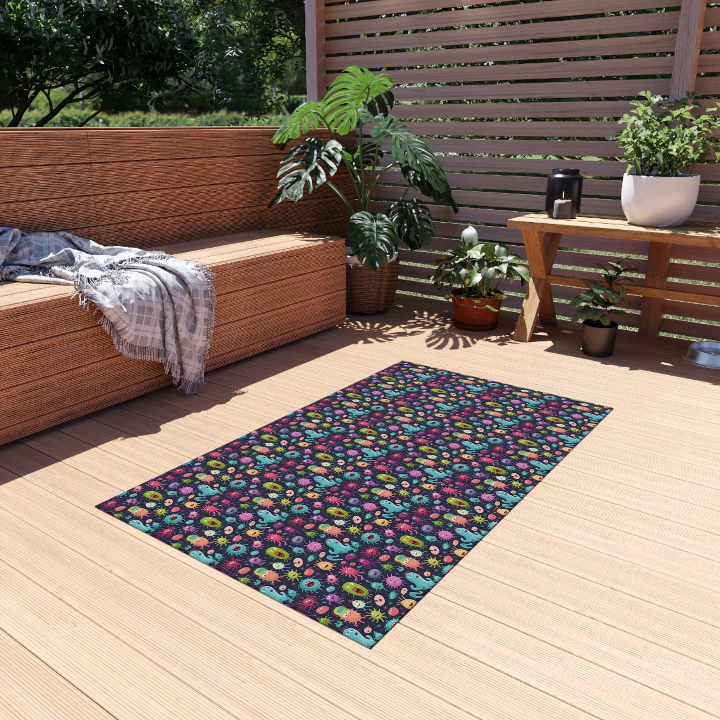 Playful Bacteria Outdoor Rug, Microbe Themed Patio Decor