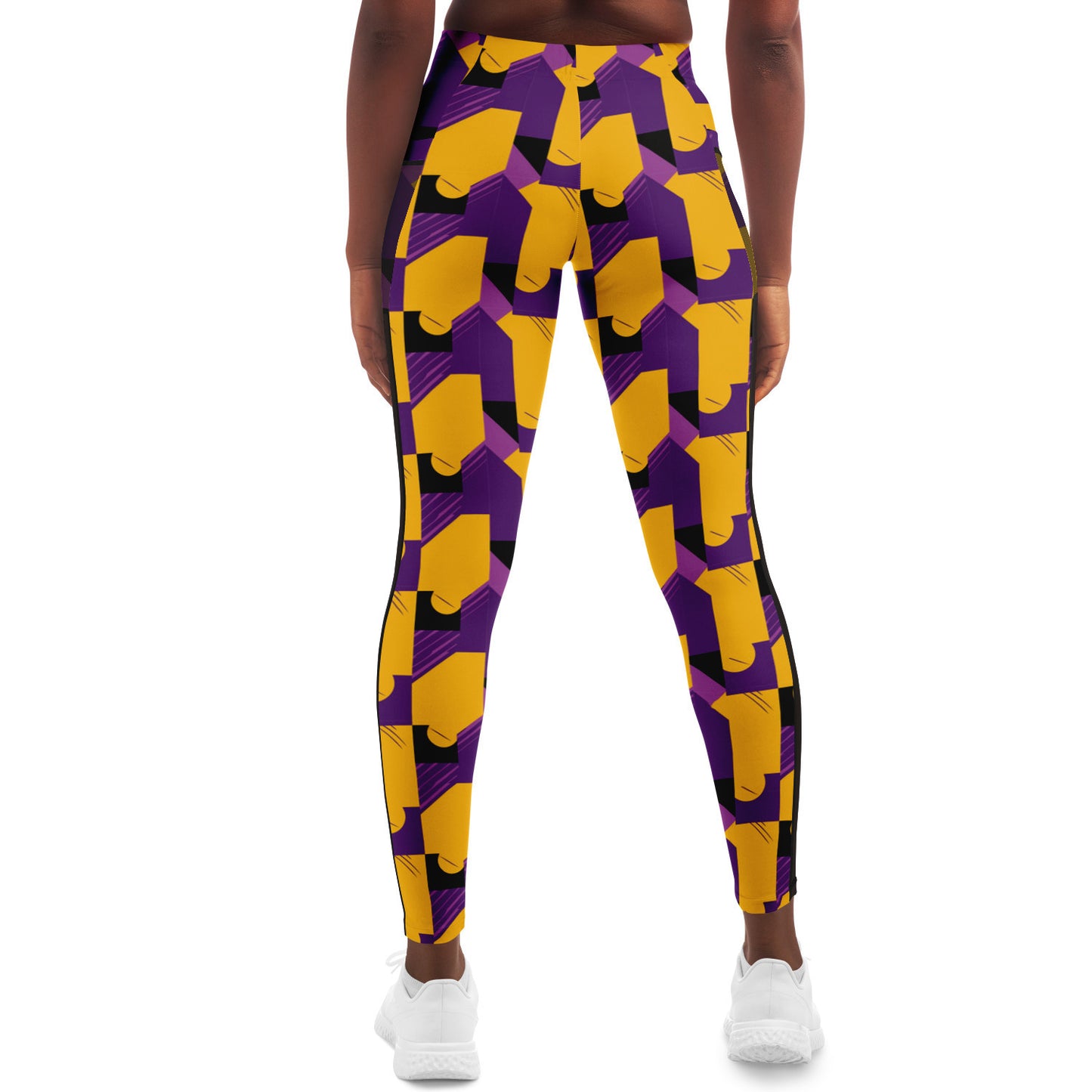 Purple & Gold Abstract Print Luxury Leggings With Pockets, Laker Fan Color Sexy Ladies Workout Wear