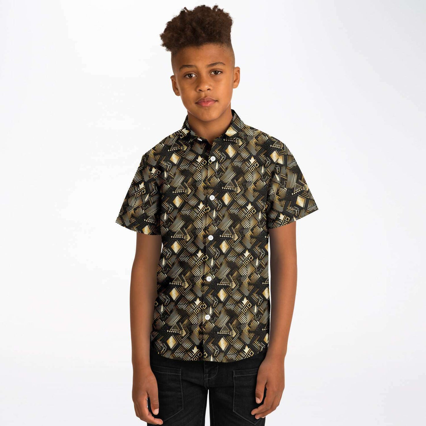 Gold & Black African Print Mud Cloth Short Sleeve Button Down Shirt | Youth Ethnic Print Button Down Shirt - Ships Free