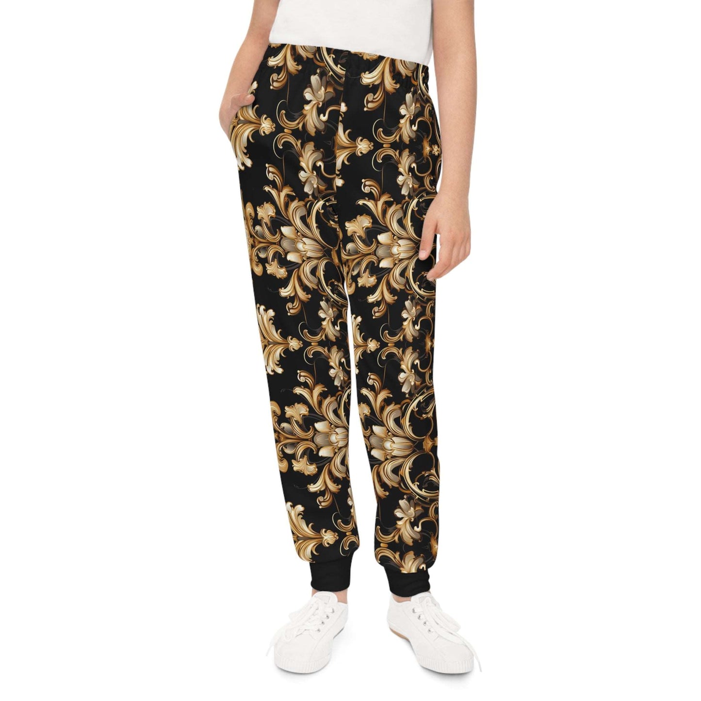 Baroque-Inspired Gold Print Kids Joggers, Urban Streetwear Style Bottom for Kids