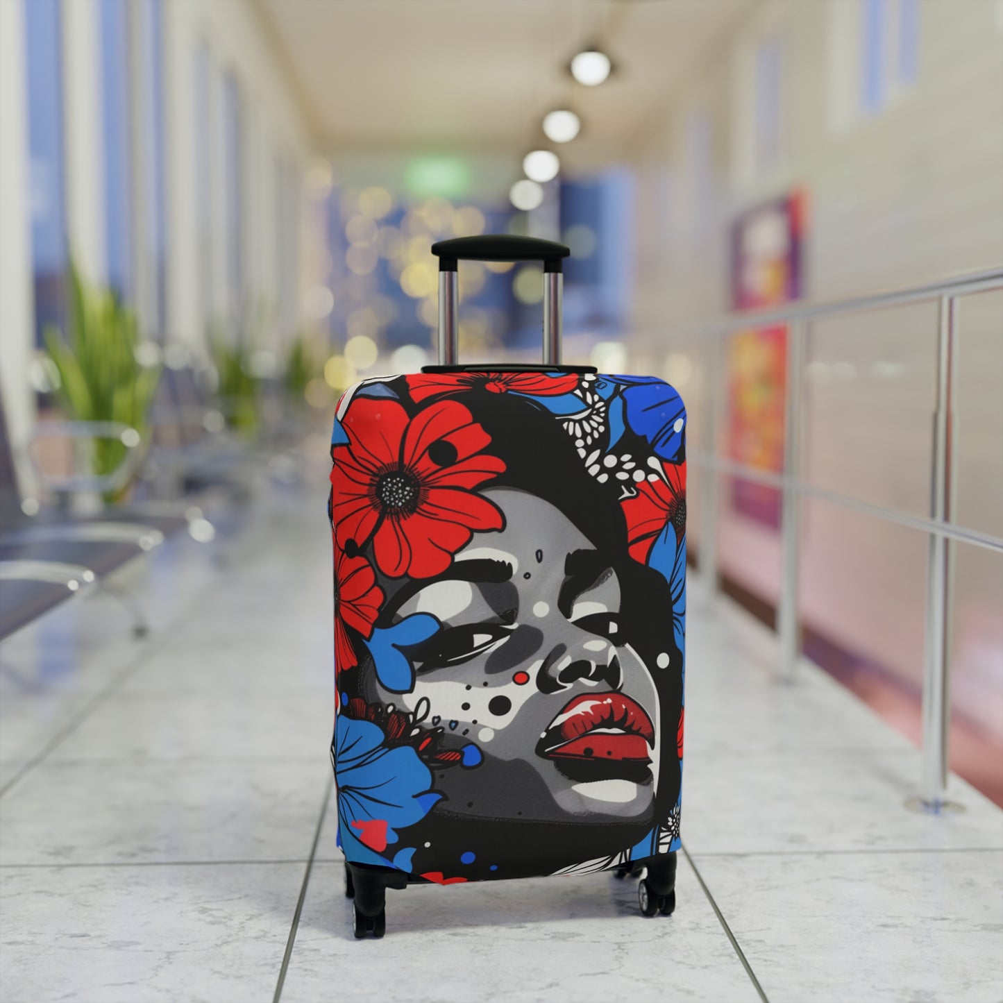 Afrocentric Floral Portrait Luggage Cover, Pop Art Streetwear Black Queen Suitcase Protector