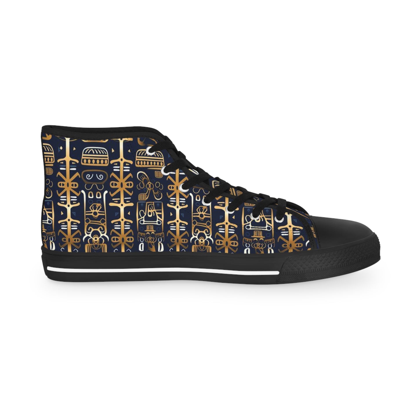 Golden Shamanic Serenity Afrocentric Print Men's Hi-Top Shoes, Navy Blue & Gold Tribal Print Mens Fashionable Shoes