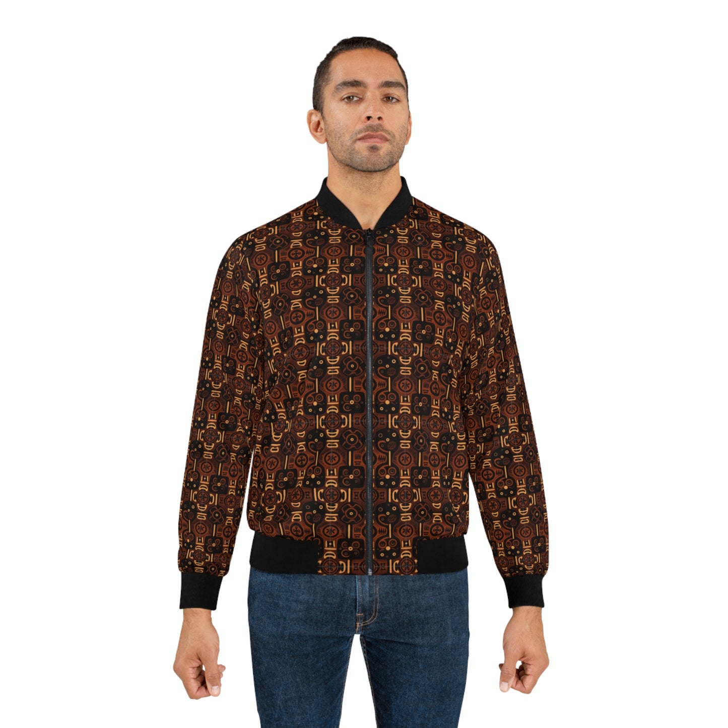 Brown African Wax Print Men's Men's Bomber Jacket, Artistic African Design Jacket