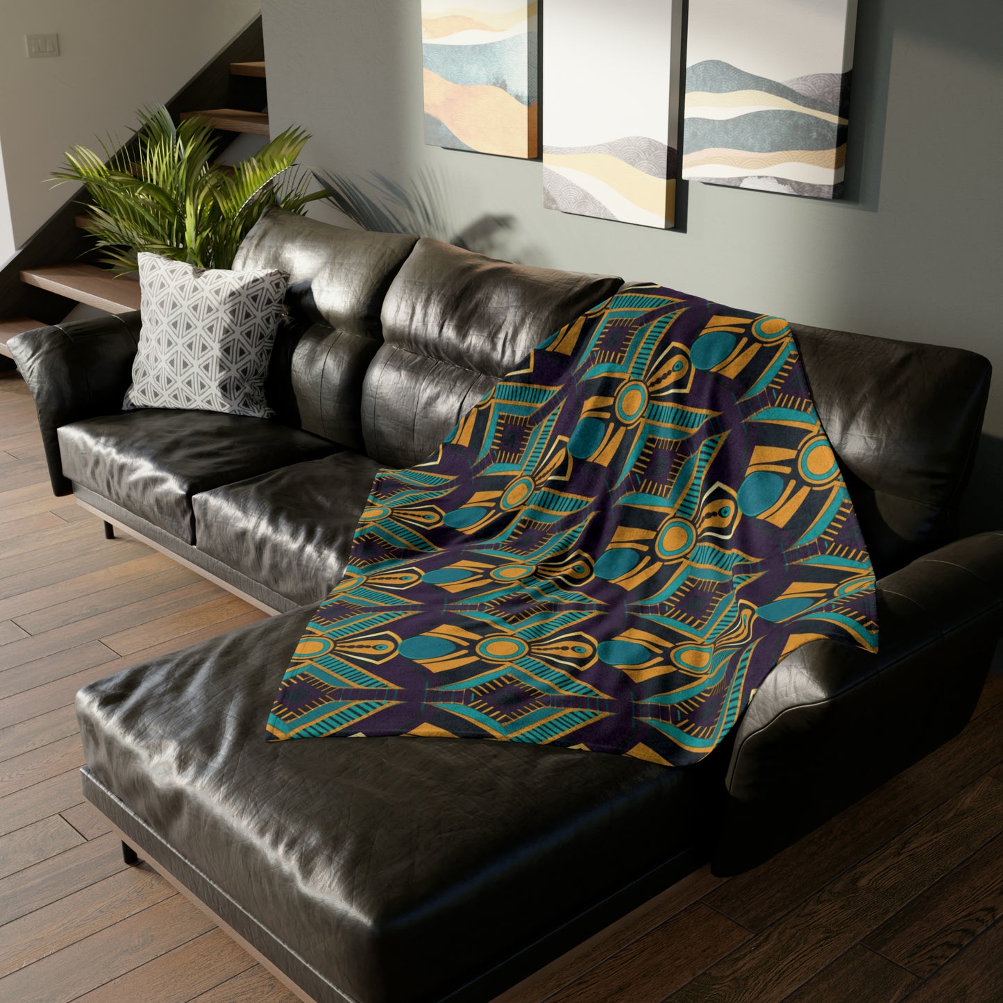 Safari African Print Throw Cover, Purple Amber Teal Blanket, Abstract Print Home Decor