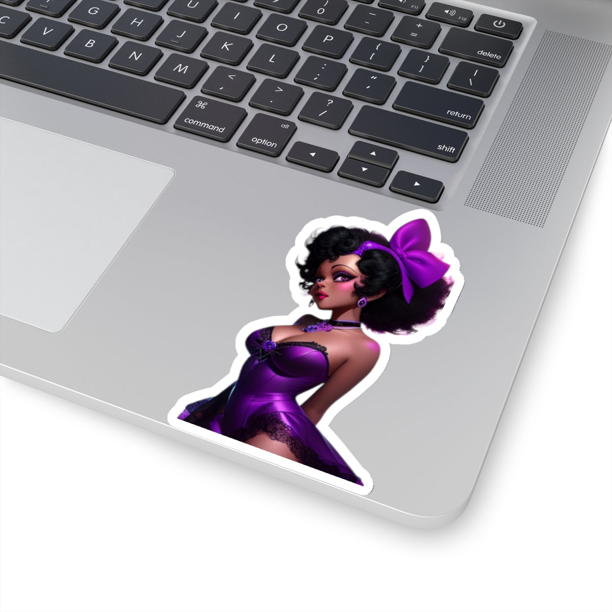 Black Woman Pin-Up Girl Sticker, Sexy Black Woman in Purple Lingerie Sticker