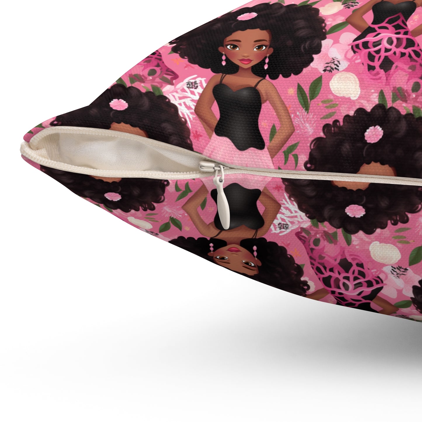 Black Baby Doll Throw Polyester Pillow, Pink African American Baby Doll Pillow