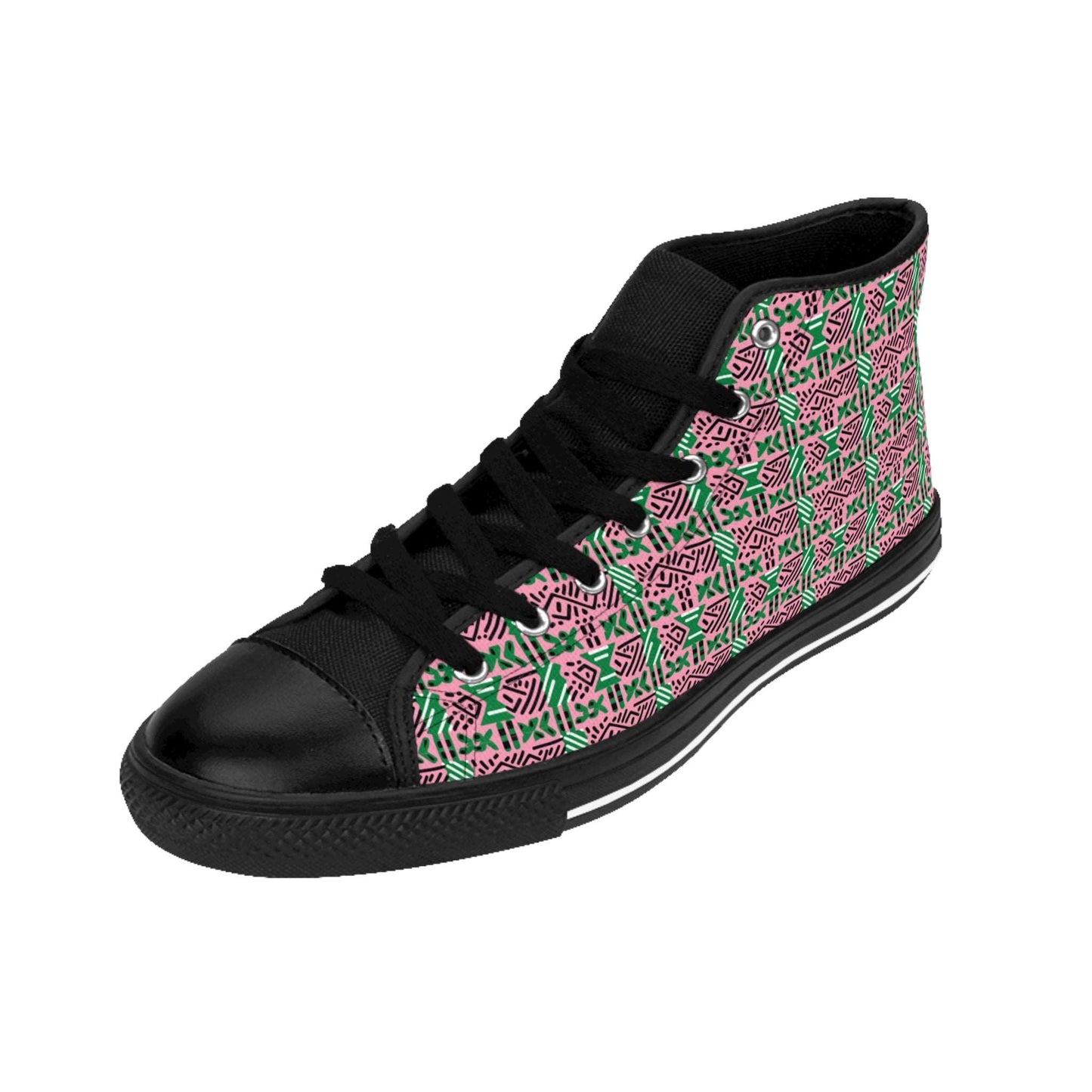 AKA Sorority Colors African Print Women's Hi-Top Shoes, Pink & Green Mud Cloth Print Sneakers