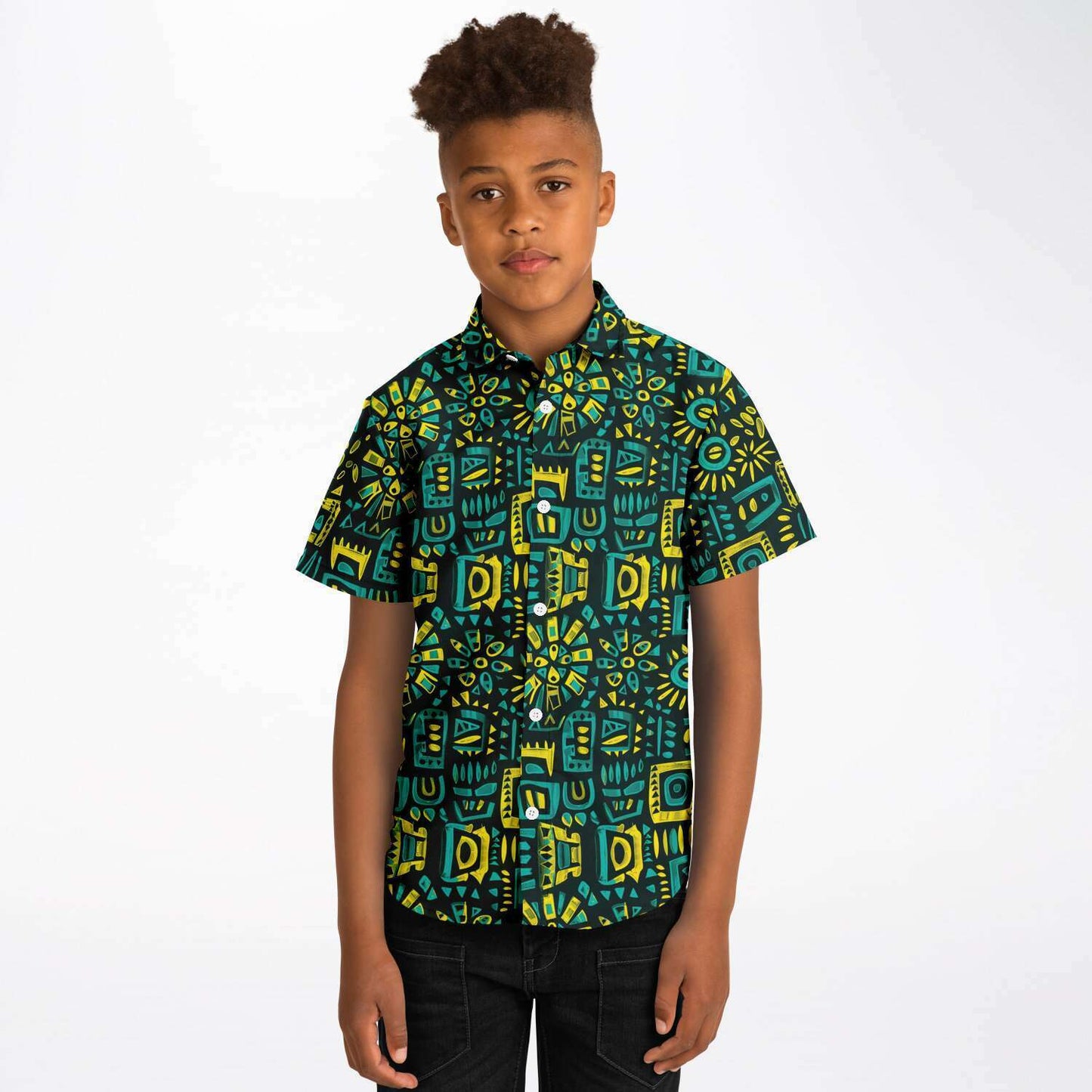 Blue, Green, Yellow African Print Kids Youth Short Sleeve Button Down Shirt