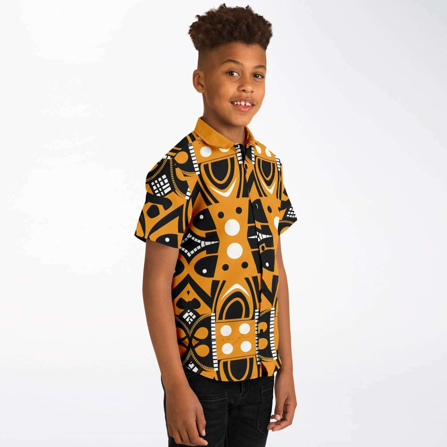 Black & Yellow African Print Kids Dressy Button-Up Shirt