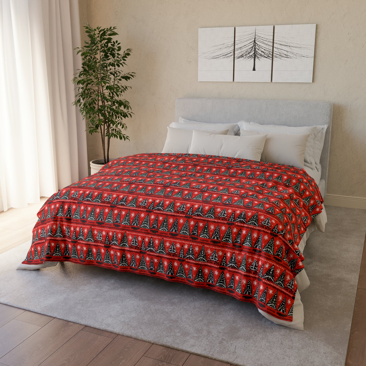 Christmas Tree African Print Throw Cover, Red Holiday Bedroom Decor, Festive Christmas Home Decor Accent