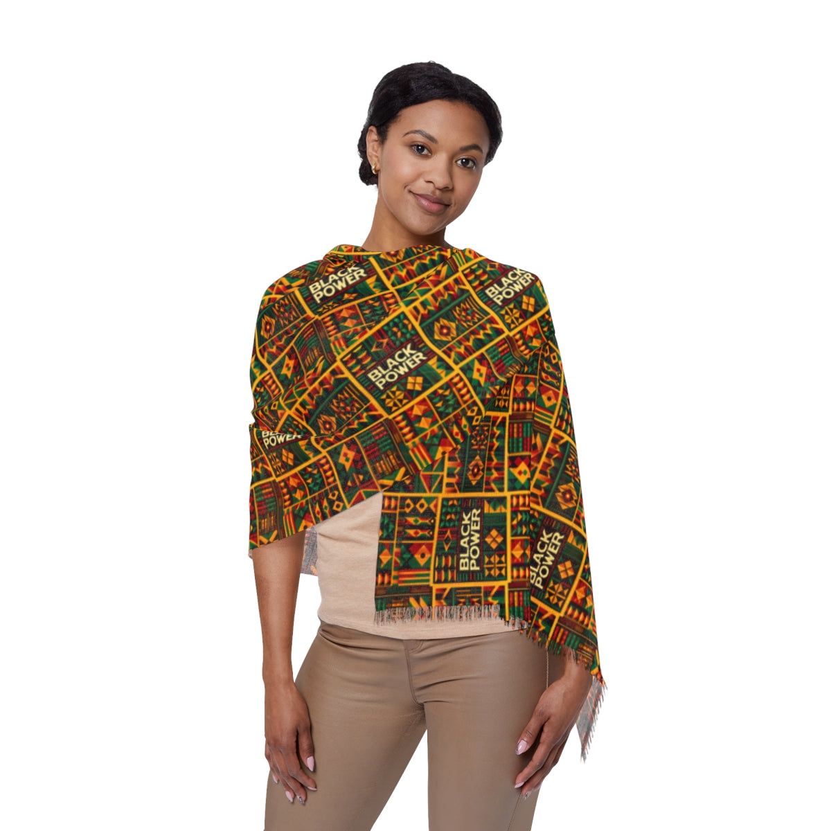 Black Power Kente Cloth Pattern Print Lightweight Scarf, Black Empowerment Tribal Print Women's Cover Up