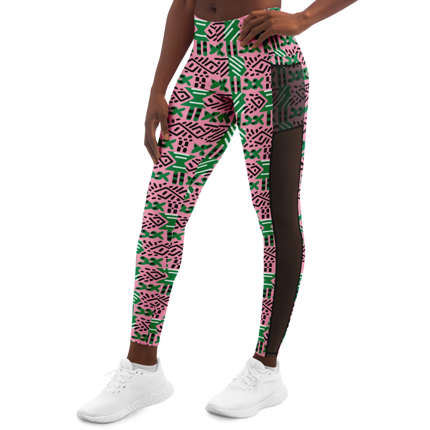 AKA Pink & Green Sorority Inspired African MudCloth Mesh Pocket Leggings, African Print Women's Athletic Wear