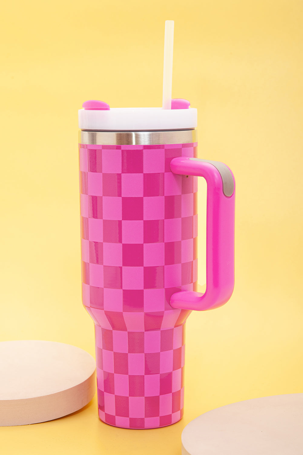 Bright Pink Checkered Print 40oz Stainless Steel Tumbler Cup with Handle - Durable & Temperature Retaining