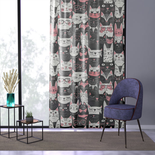 Whimsical Cat Faces Window Curtain - Black, White, Pink - Playful Home Decor