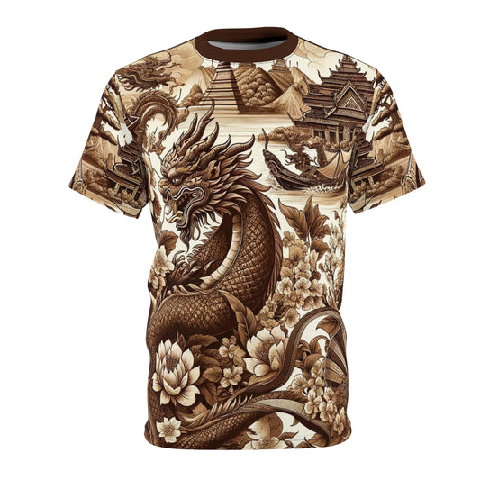 Men's All-Over Print T-Shirt with Mythical Dragon Design, Traditional Architecture, and Floral Elements