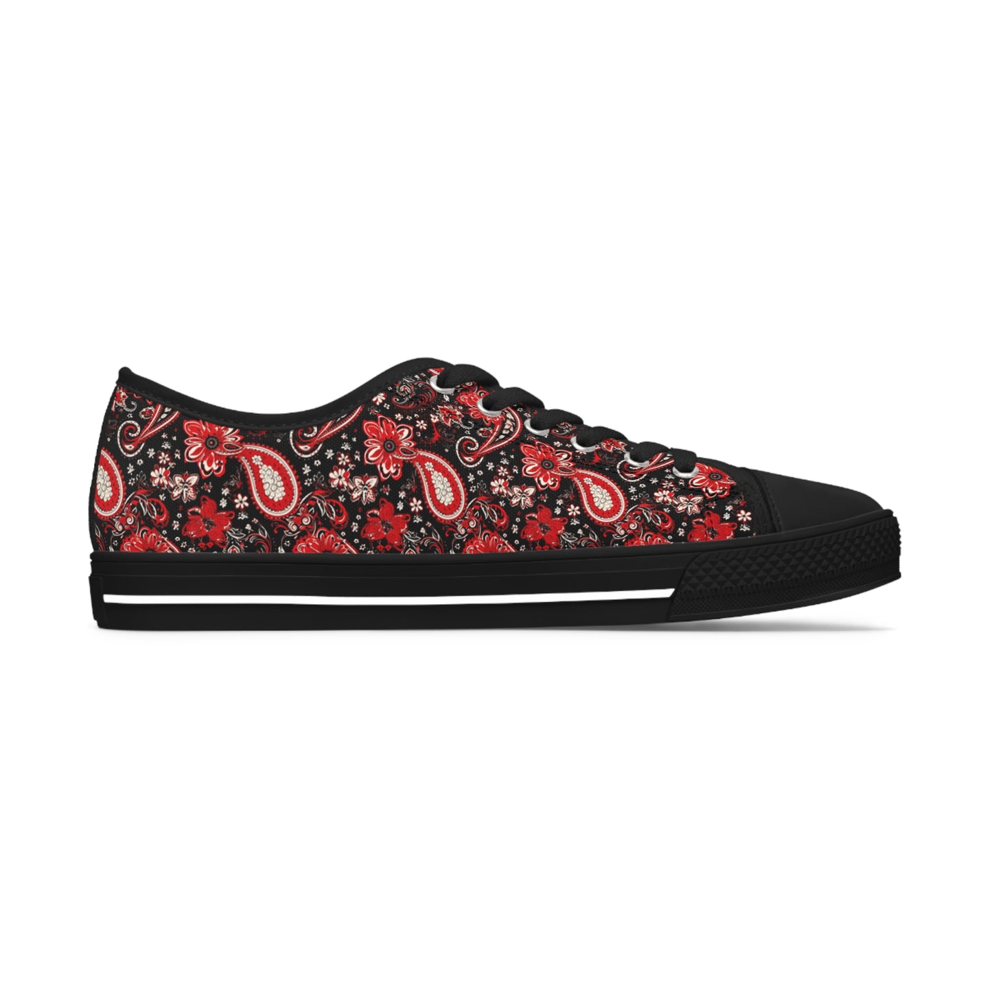 Black & Red Paisley Print Women's Low Top Sneakers, Stylish Paisley Pattern Sneakers