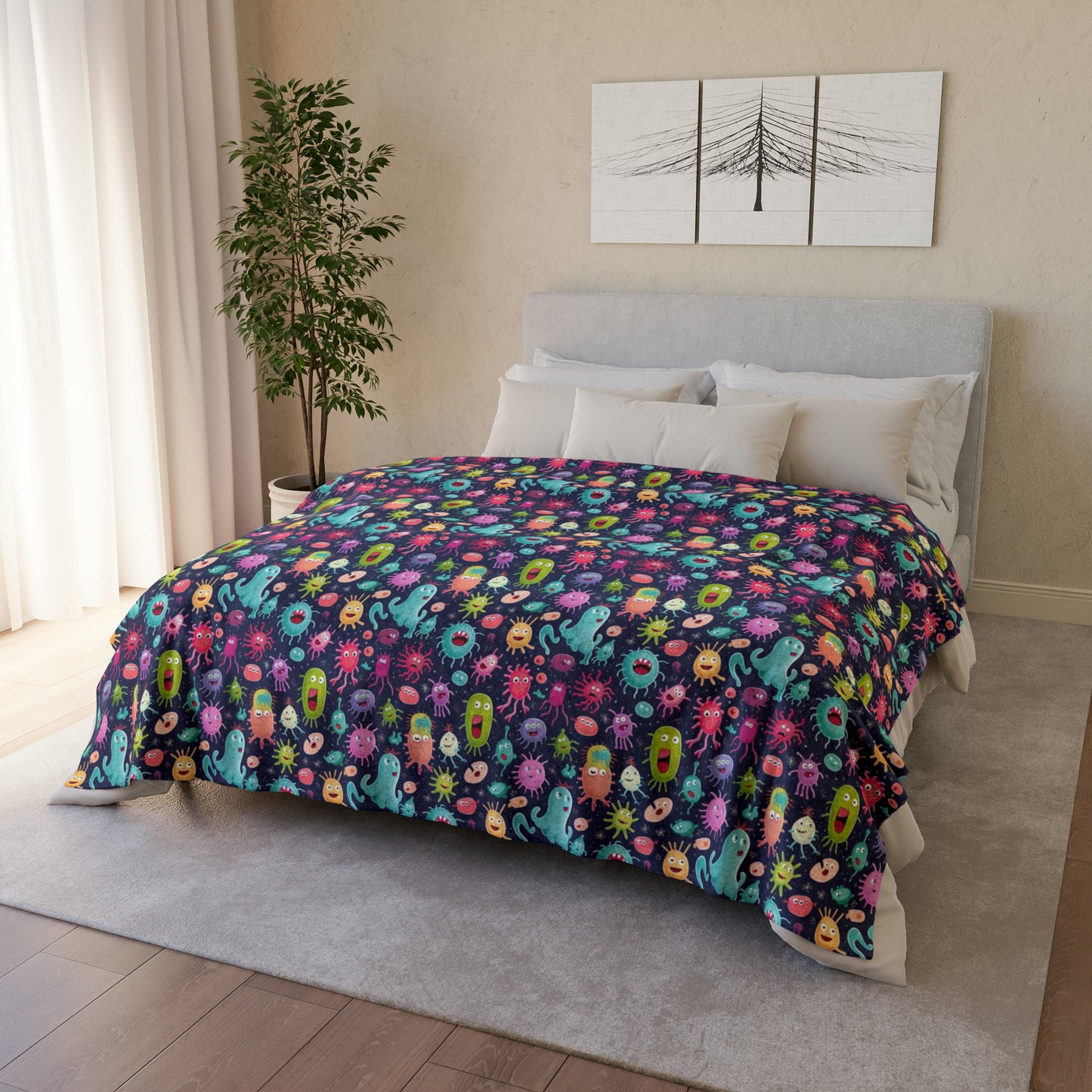 Cartoon Microbes & Bacteria Throw Cover - Unique & Cozy, Bacteria Pattern Blanket