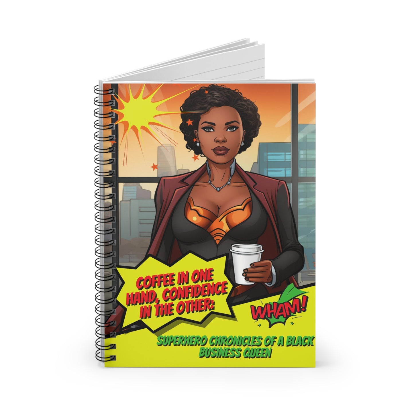 Black Woman Superhero Spiral Notebook, Caffine & Confidence Girl Boss Notebook