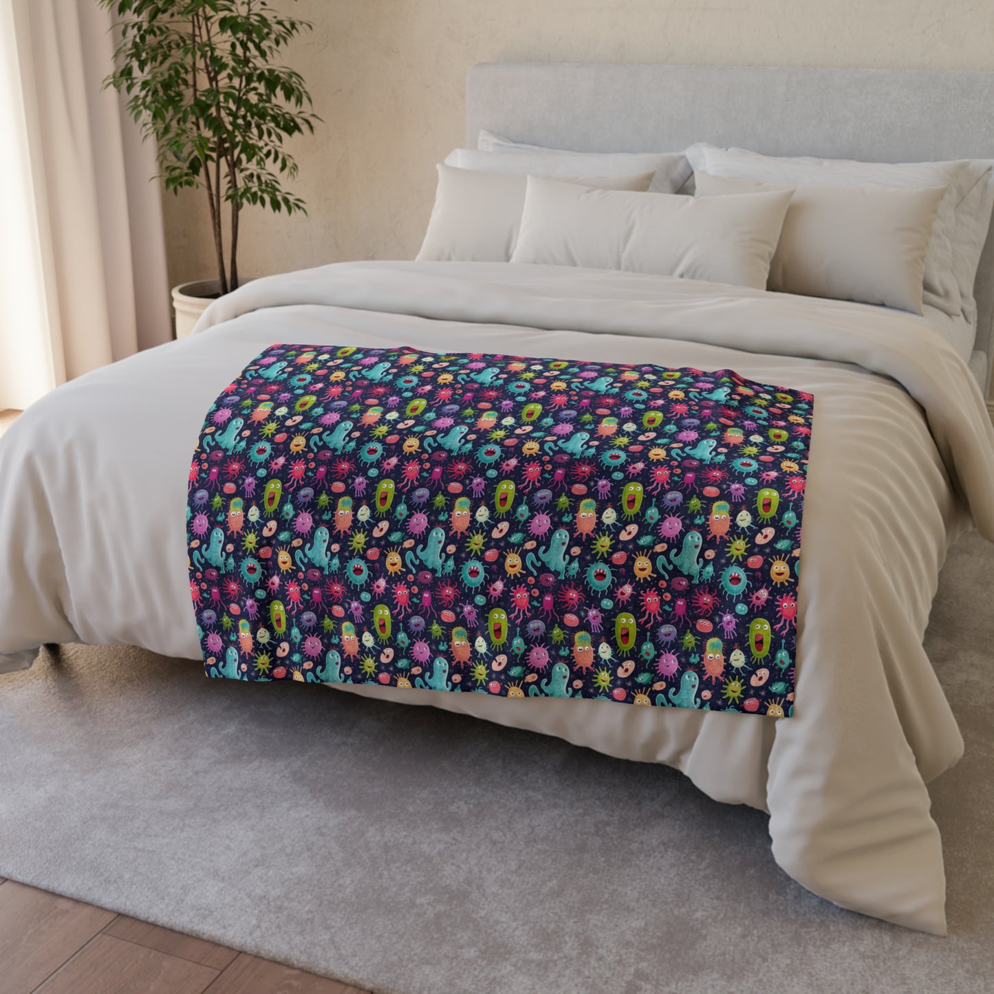 Cartoon Microbes & Bacteria Throw Cover - Unique & Cozy, Bacteria Pattern Blanket