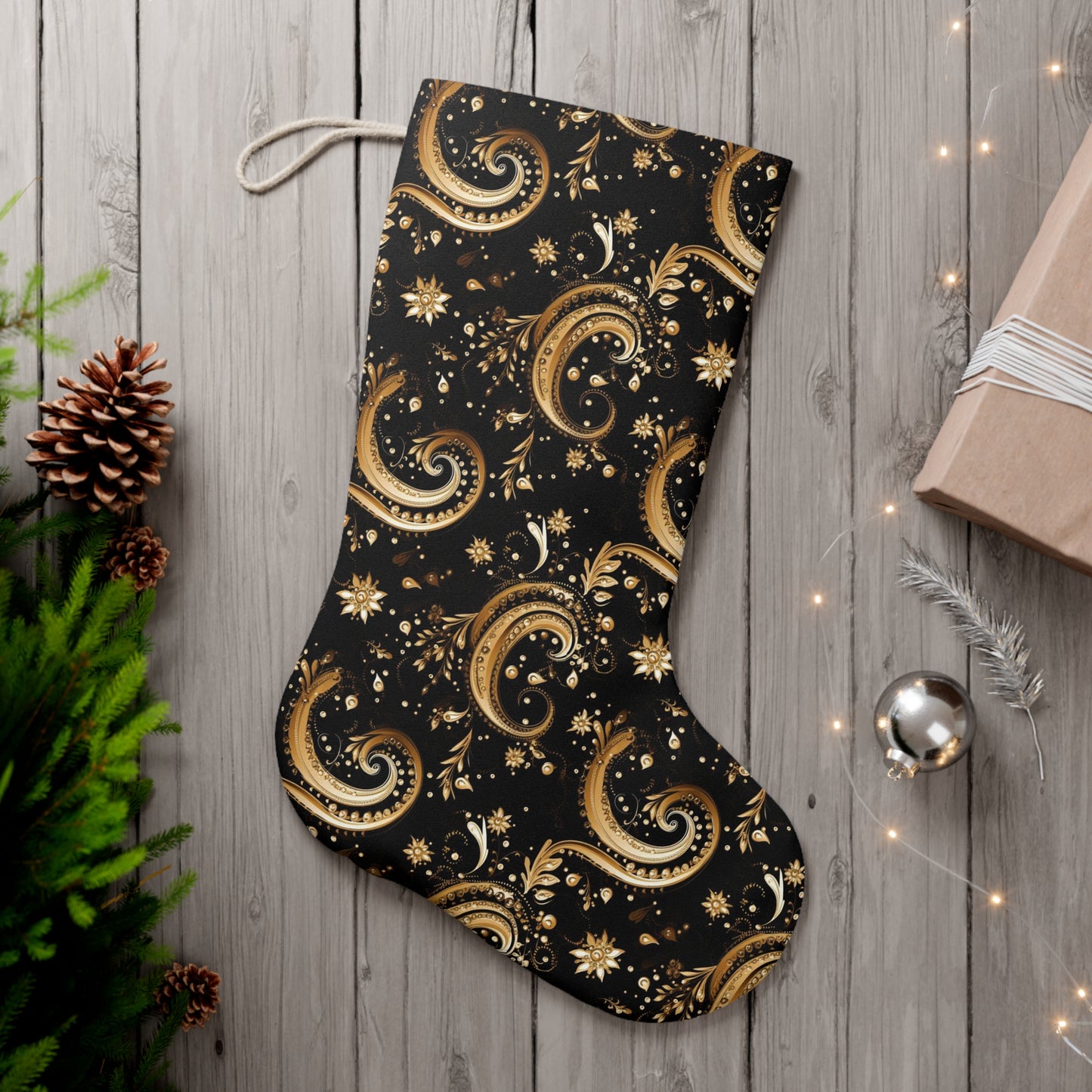 Black & Gold Paisley Bandana Print Elegant Holiday Christmas Stocking