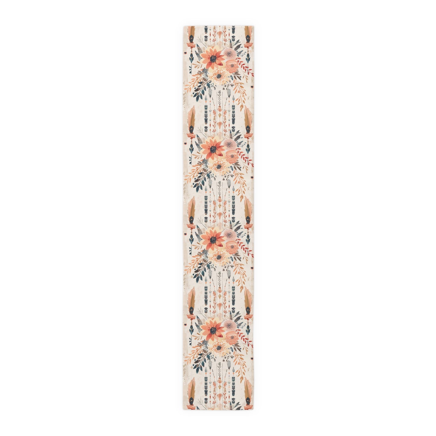 Boho Chic Table Runner – Earthy Floral and Feather Design in Cotton Twill or Polyester