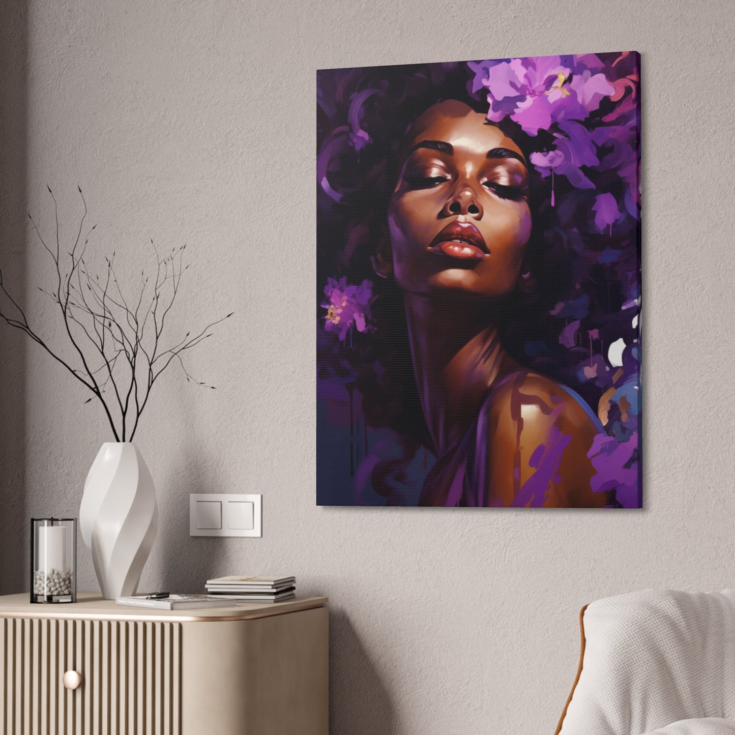 African Woman Stretched Canvas Print - Art Nouveau Purple Decor Canvas Poster