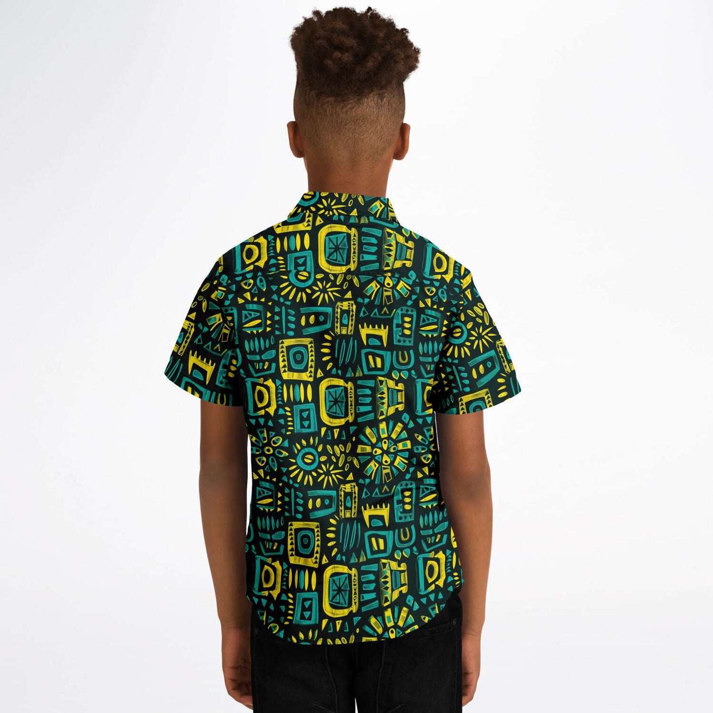 Blue, Green, Yellow African Print Kids Youth Short Sleeve Button Down Shirt