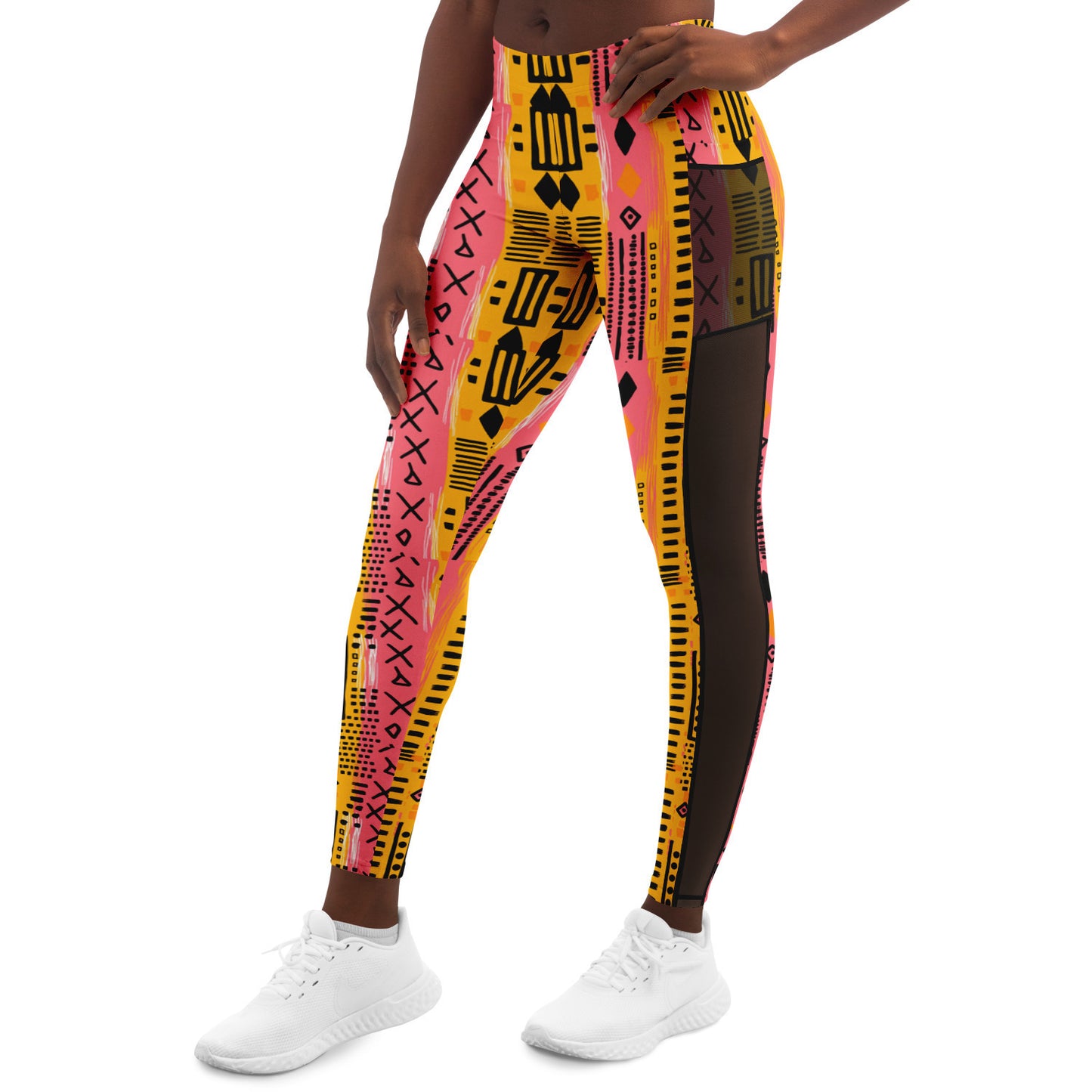 Sunset Sahara Colorful African MudCloth Print Mesh Women's Leggings, African Ankara Print Women's Work Out Wear