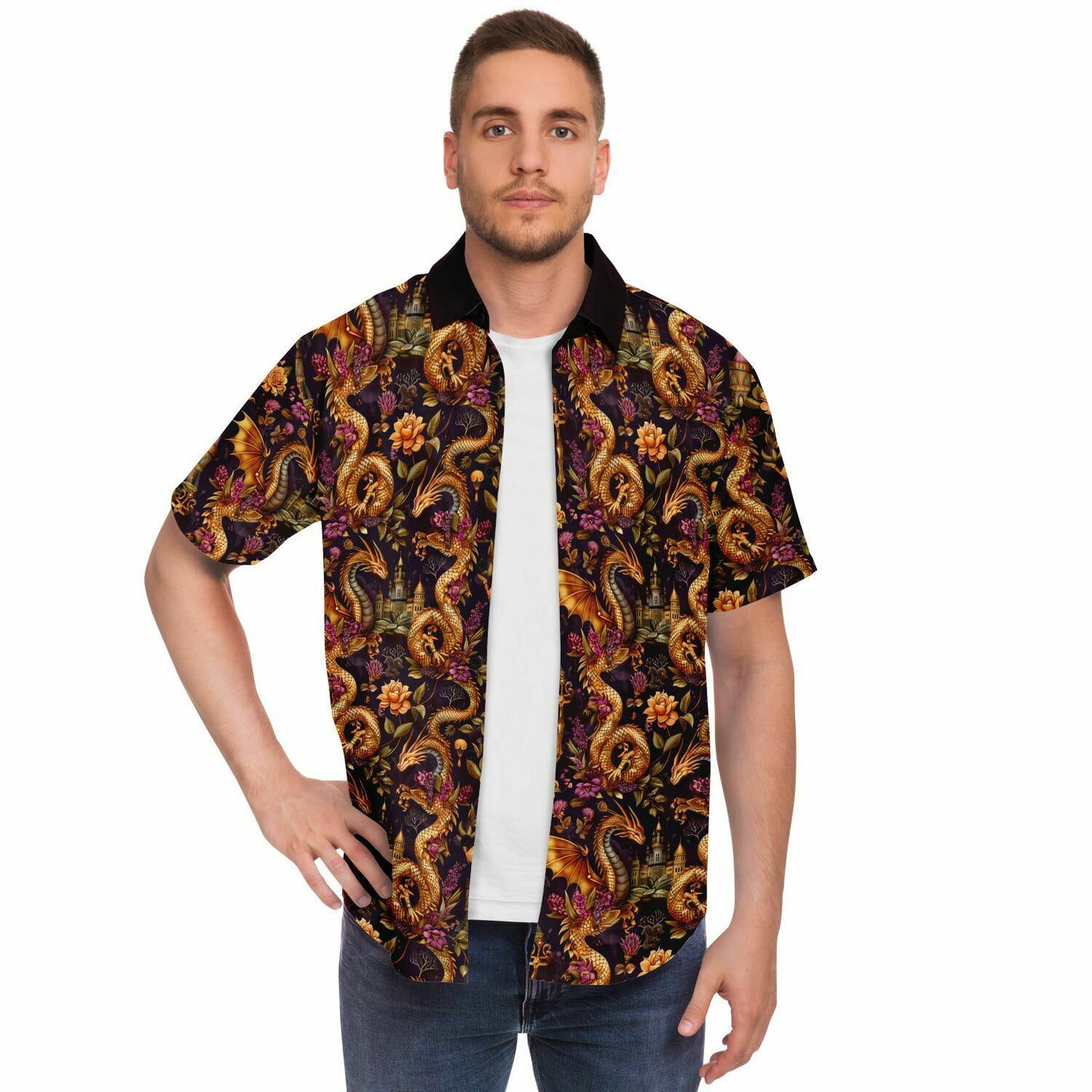 Fantasy-Themed Dragon Print Men's Short Sleeve Button Down Shirt, Gold and Purple Design