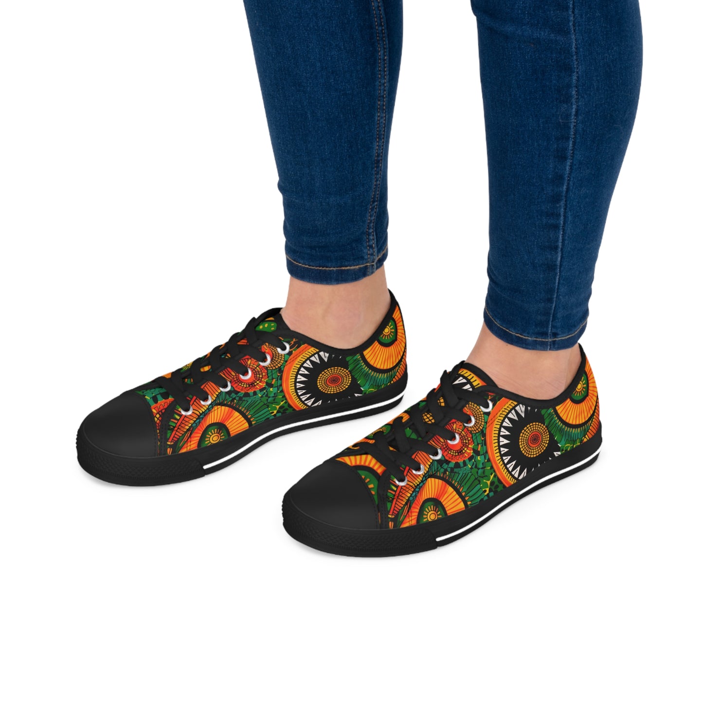 Orange, Green Yellow Africa Ankara Print Women's Low Top Sneakers, Black & Red Geometric Pattern Canvas Shoes, Comfortable Tribal Print