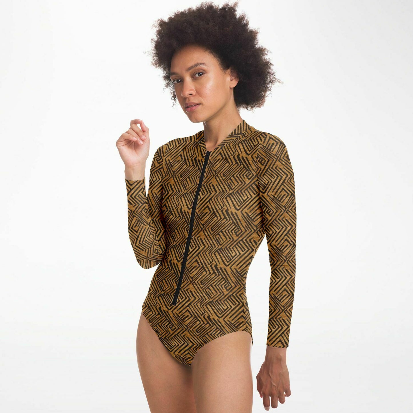 Brown & Black African Mud Cloth Women's Long Sleeve Bodysuit | African-Inspired Fashion | Comfortable African Print Activewear - Ships Free