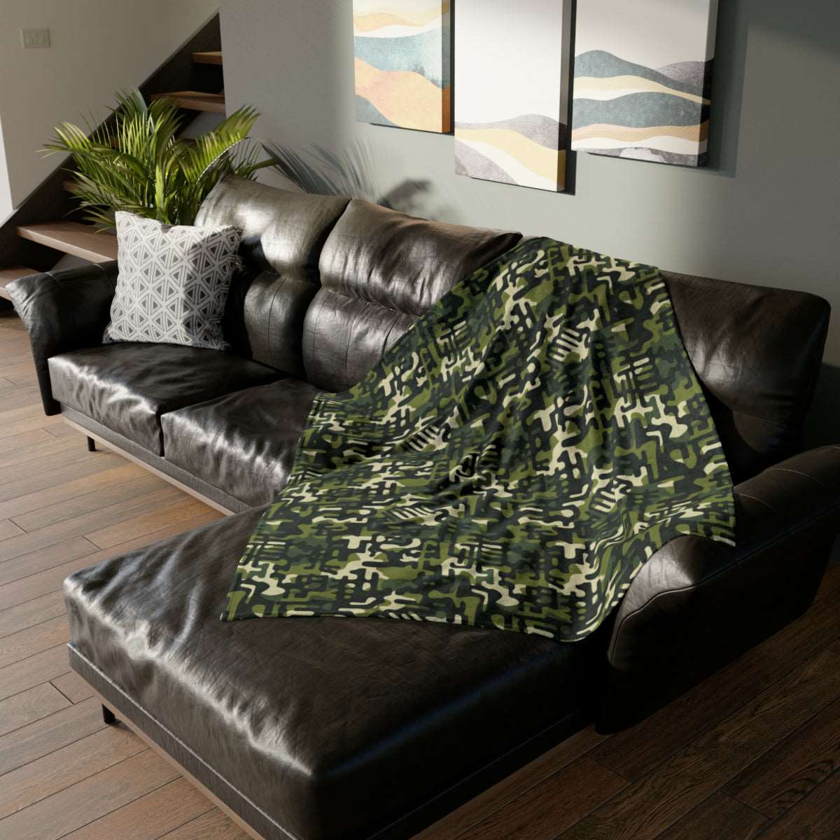 African MudCloth Meets Camouflage Throw Cover,  Green Camouflage African Print Bedroom Decor