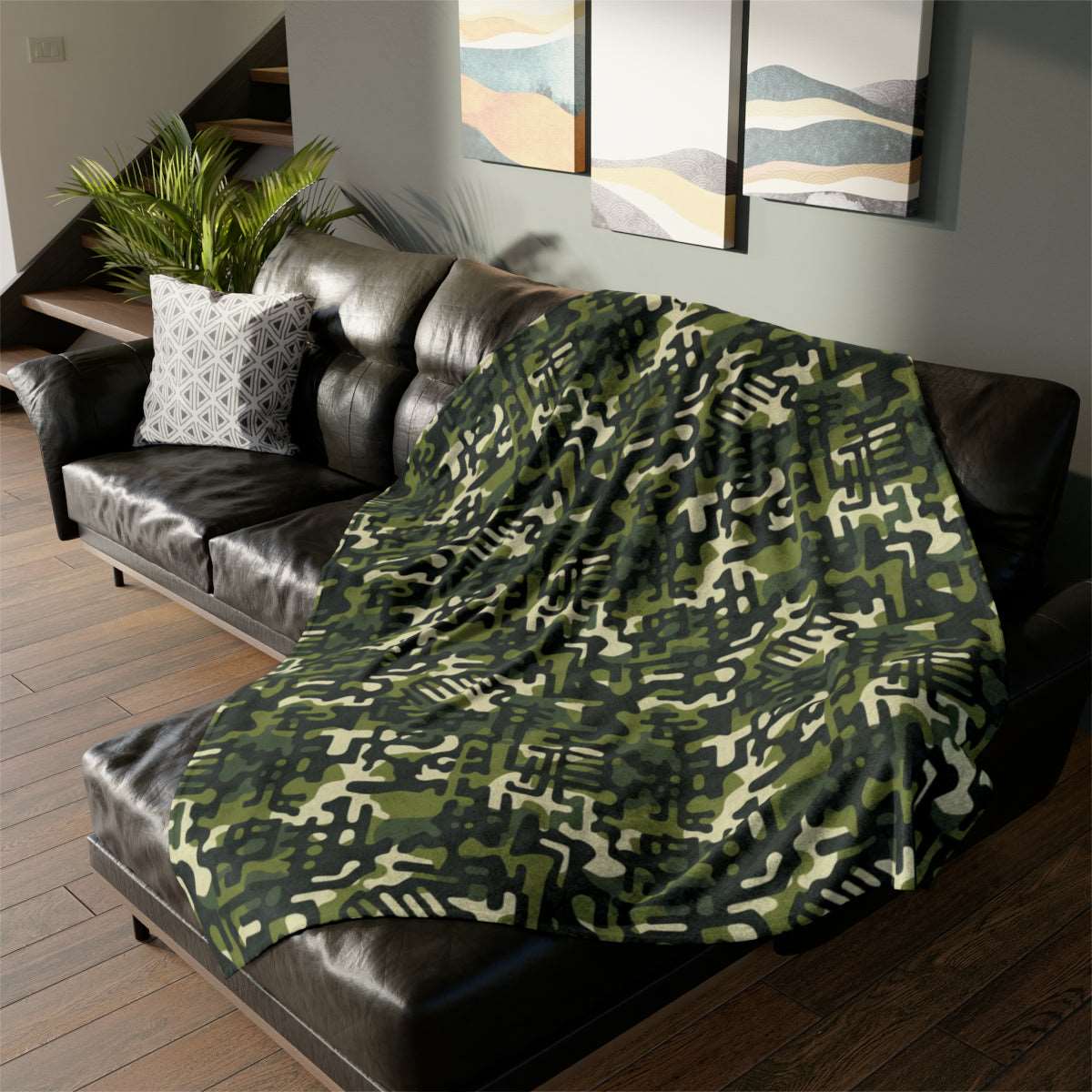 African MudCloth Meets Camouflage Throw Cover,  Green Camouflage African Print Bedroom Decor