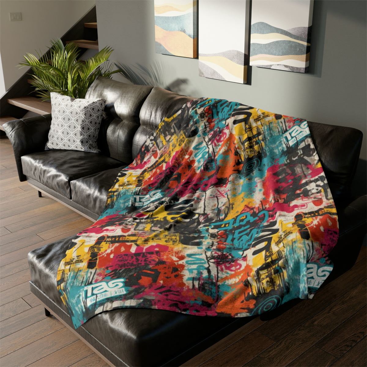 Urban Graffiti Distressed Print Throw Cover,  Street Art Style Home Decor