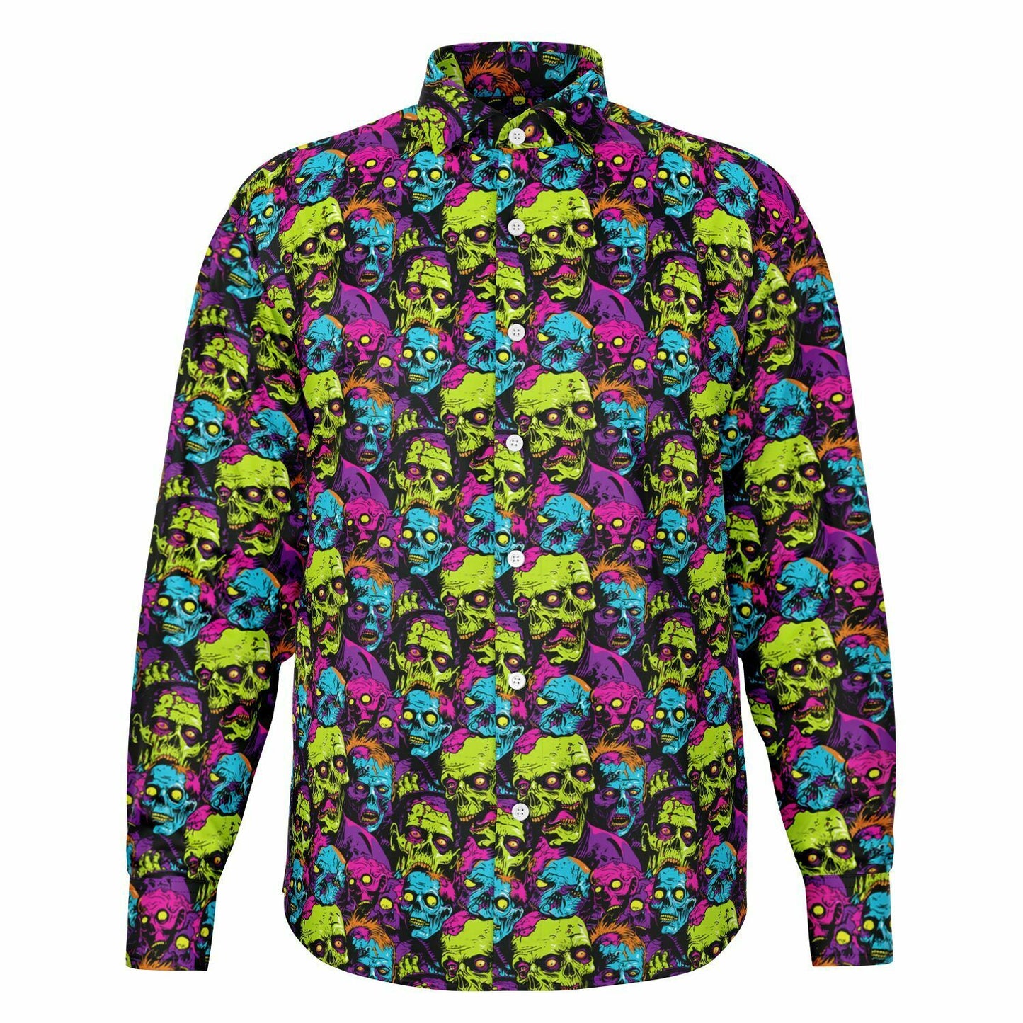 Bold Neon Zombie Horde Button Down Shirt, Comic Book Inspired Long Sleeve, Men’s Halloween Party Outfit