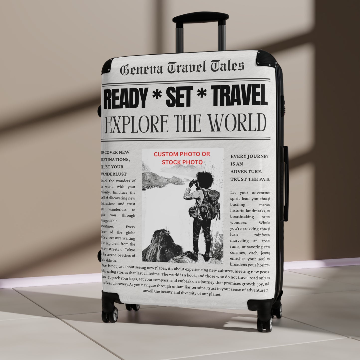 Custom Newspaper Style Suitcase, Black & White Travel Luggage, Unique Gift for Travel Enthusiasts, Personalized Travel Gear