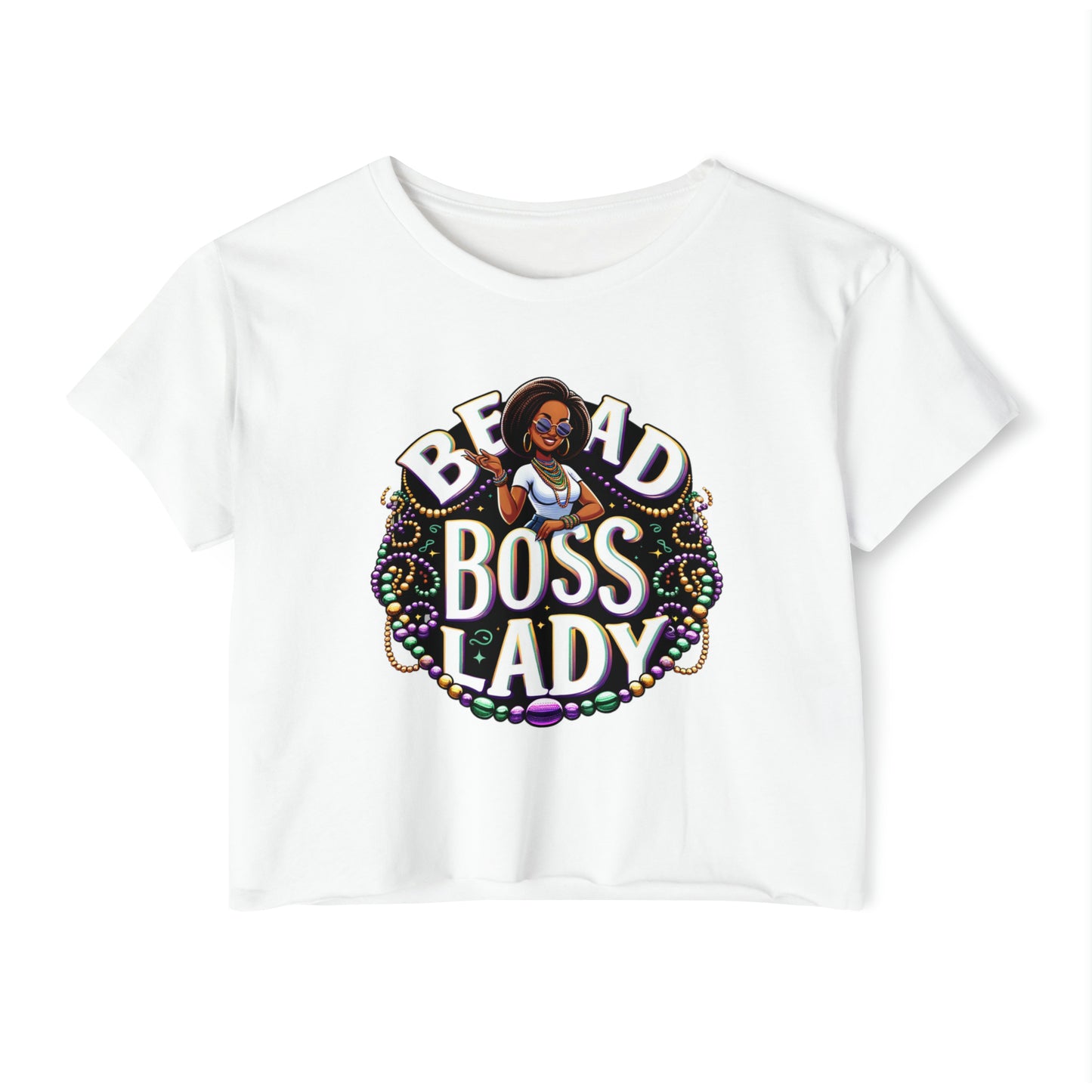 Bead Boss Lady Mardi Gras Women's Crop Top, New Orleans Party Wear, Festive Carnival Clothing