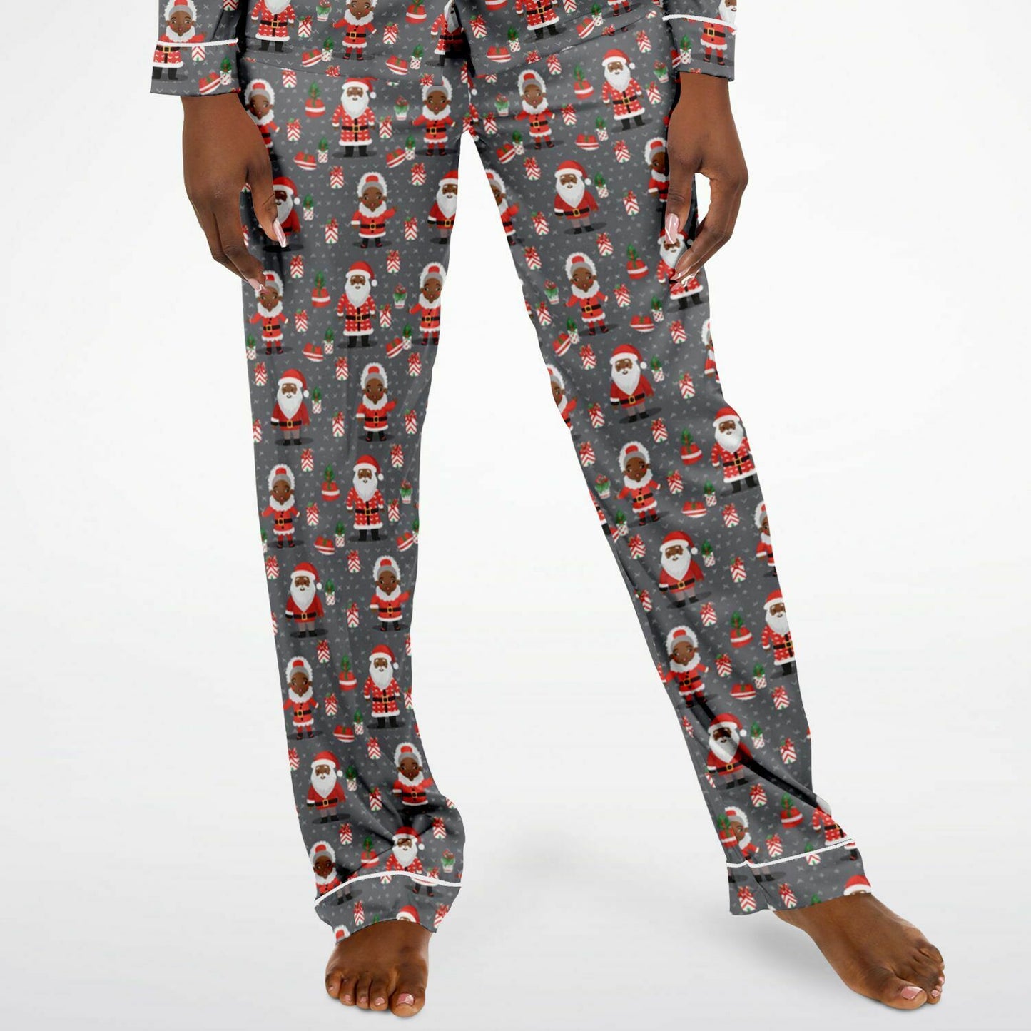 Black Santa & Mrs Claus Women's Plus Size Satin Pajama Set, Christmas Couples Pajama Set