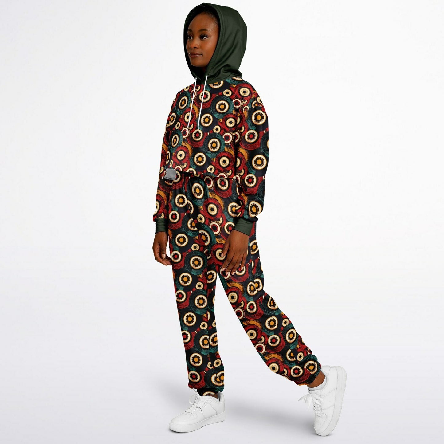 African Ankara-Inspired Geometric Dance Hoodie & Sweatpants Set, Fall Tones Urban Streetwear for Women