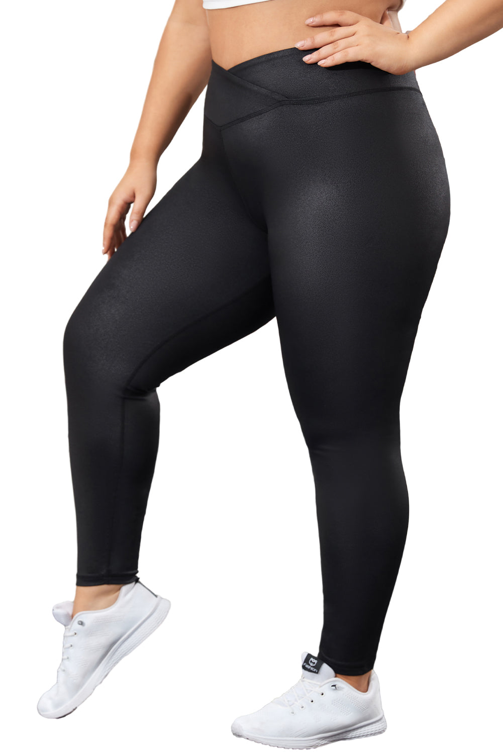 Women's Plus Size Faux Leather Plus Size Crossover Leggings, Imitation Leather Leggings For Curvy Girls