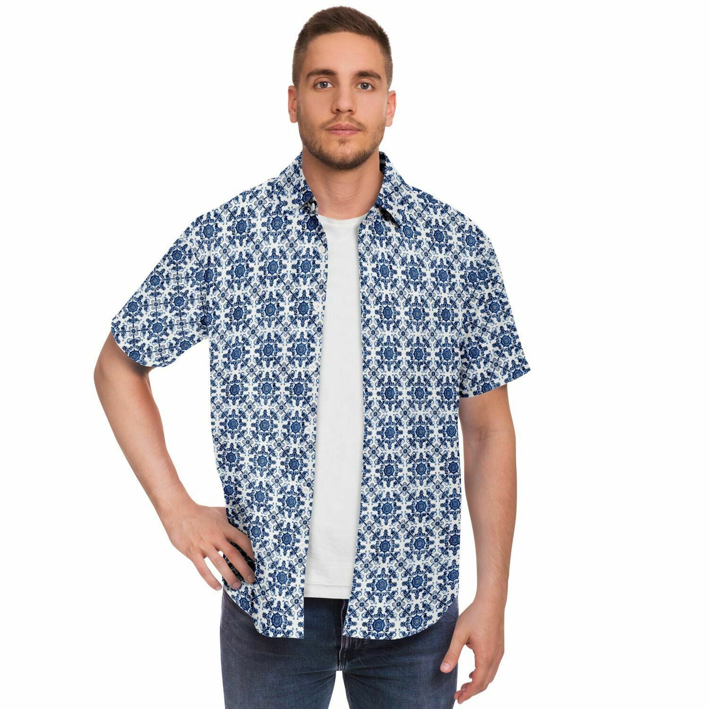 Blue Floral Pattern Short Sleeve Button Down Shirt, Men's Navy and White Print Dress Shirt