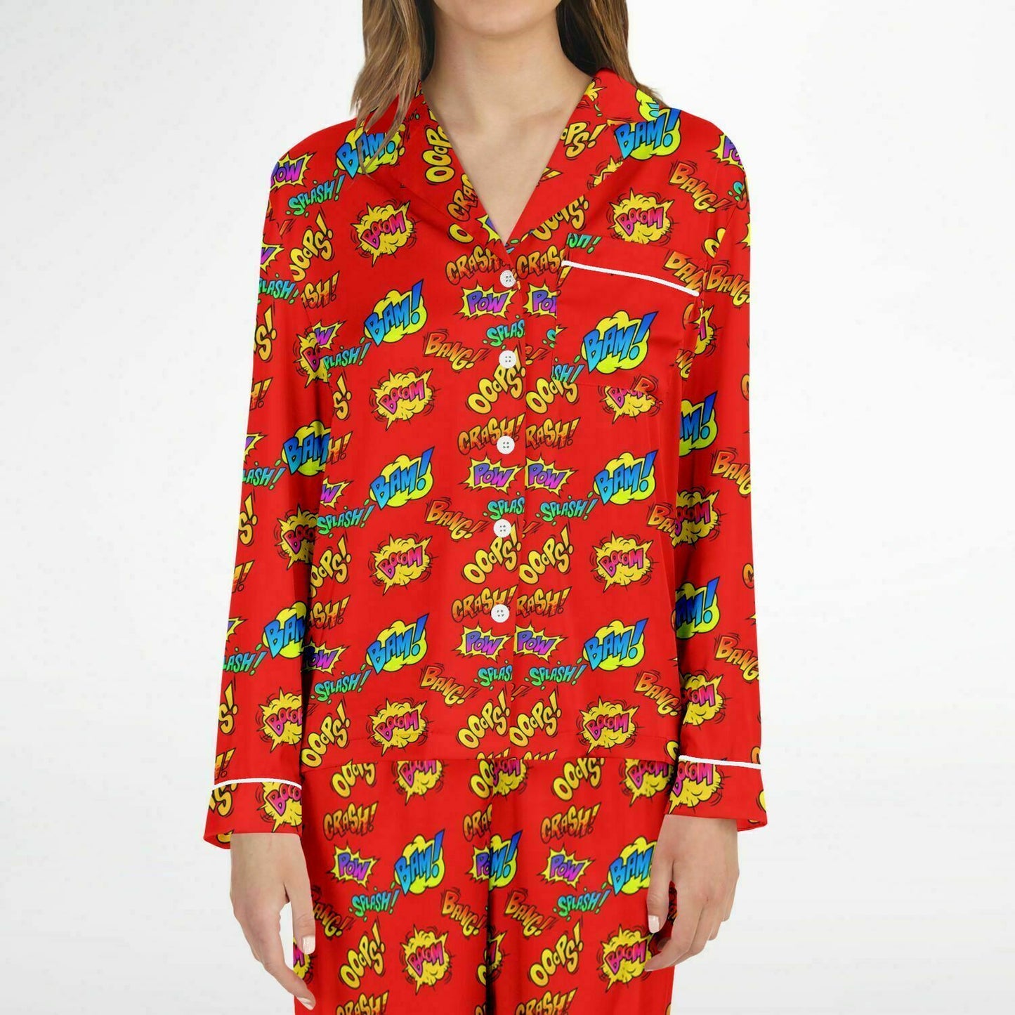 Women's Superhero Explosion Satin Pajama Set, Superhero Themed Loungewear