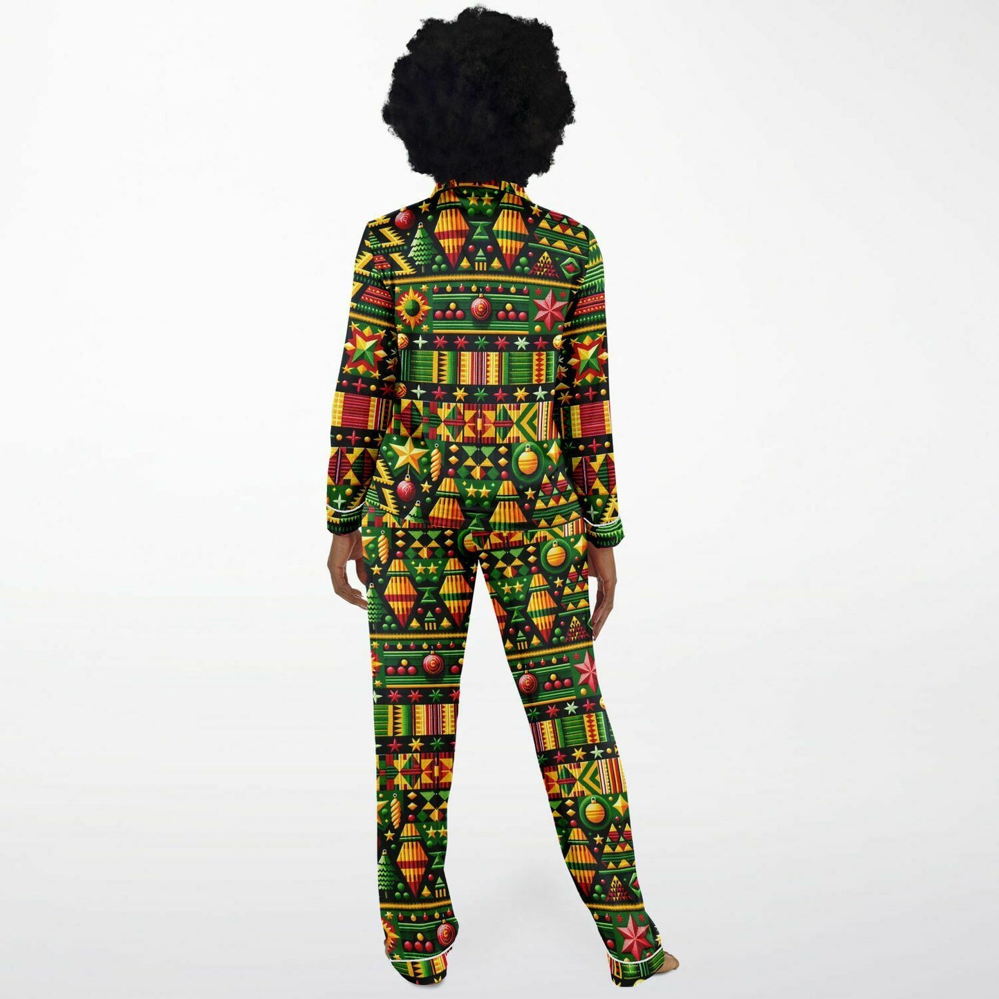 African Kente Cloth Christmas Print Women's Satin Pajamas, Kente Print Women's Fashion