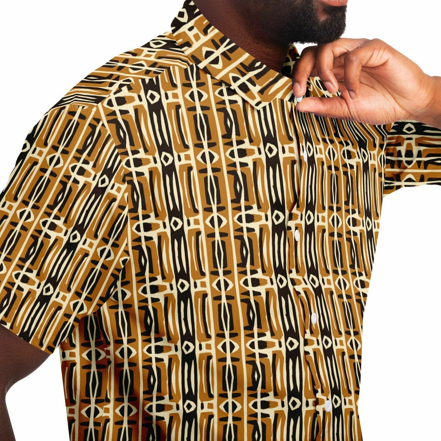 Brown & Cream African MudCloth Mens Button Down Shirt | Ethnic Print Men's Fashion