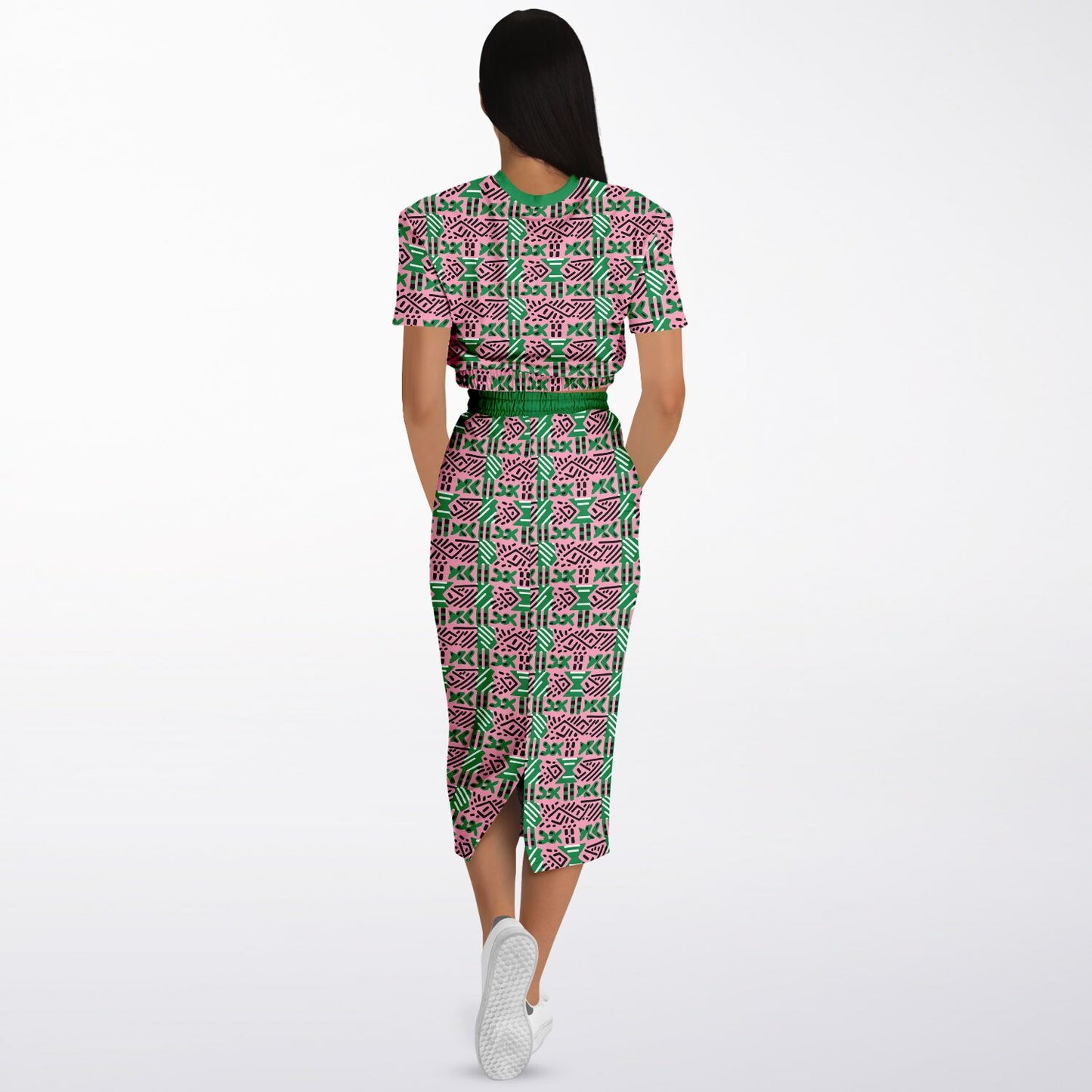 AKA Pink & Green Sorority Mud Cloth Print Skirt Set , Versatile Women's African Inspired Fashion